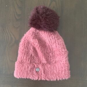 Express Pink Knit Beanie with Dark Pom Pom